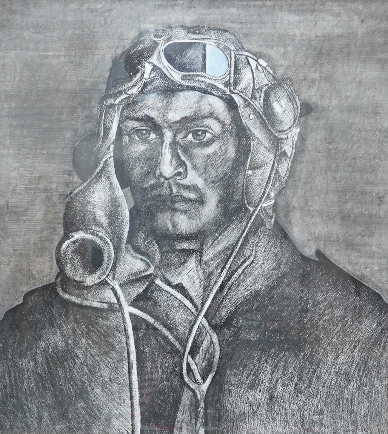 Pat Rixson, charcoal, Portrait of a gentleman wearing flying goggles, signed, 88 x 81cm. Condition - good